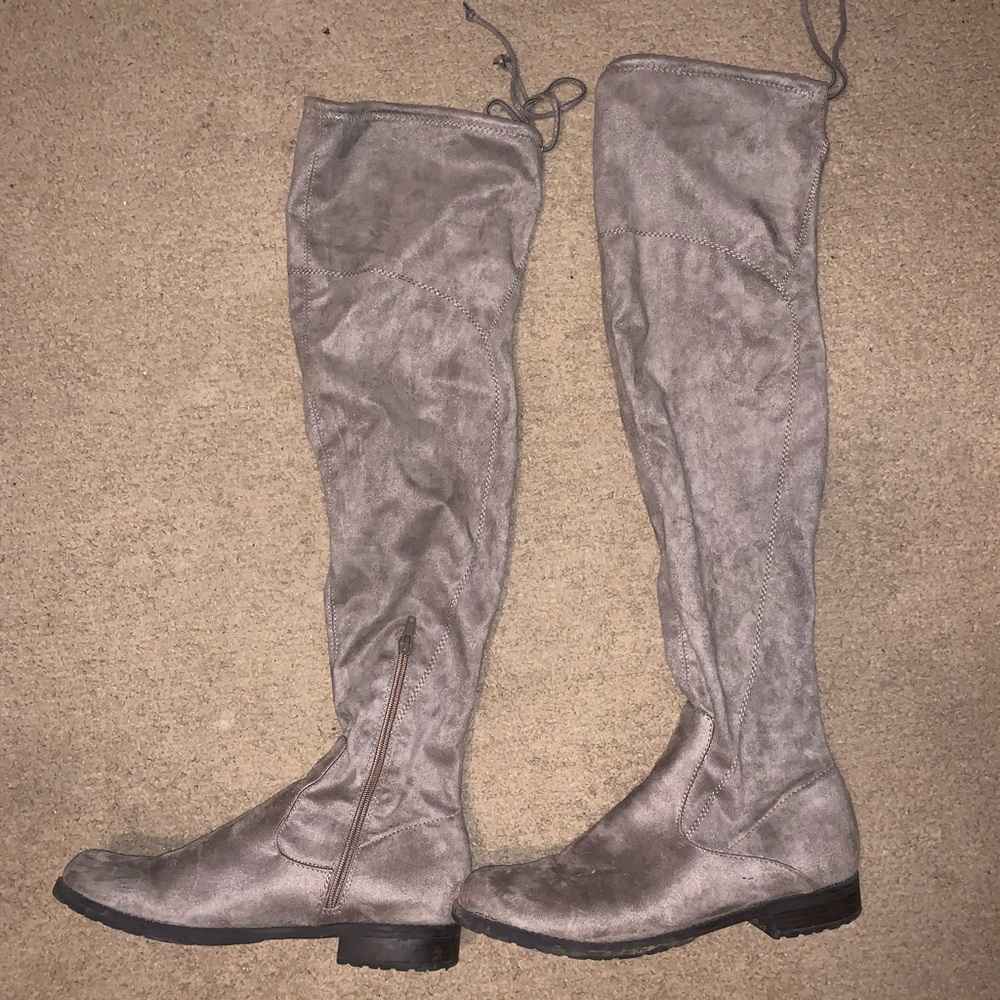 Gray faux suede knee high boots